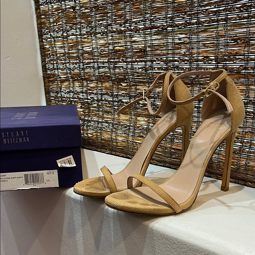 Stuart Weitzman Nudist Cream Heels with Stiletto Design and Ankle Strap